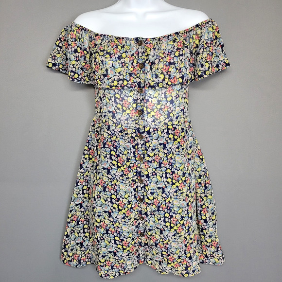 Speechless Dress Womens Medium Navy Blue Floral Off Shoulder Button Up Summer - Picture 1 of 12